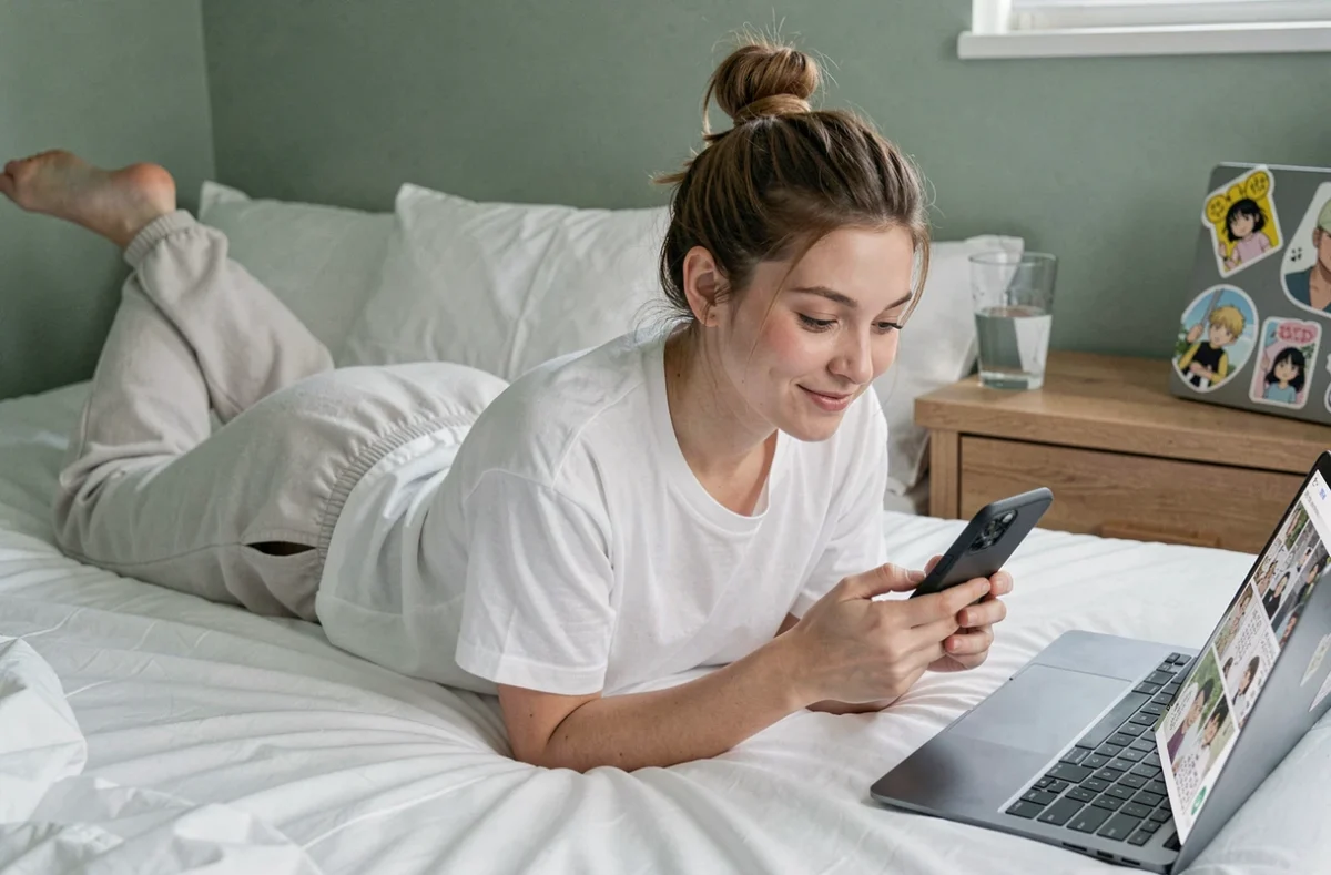 Jeune femme allongée sur son lit lisant un scan One Piece sur son téléphone sans publicité intempestive