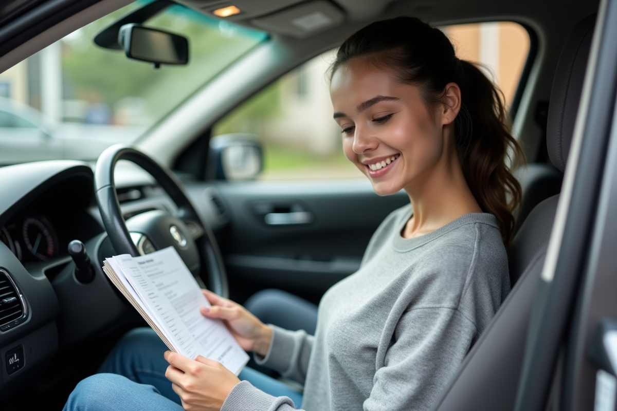 Jeune femme lit le carnet d entretien dans une voiture d occasion