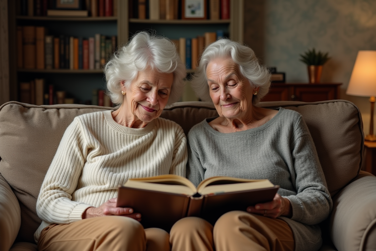 Femme d'âge moyen et sa mère âgée avec albums photos