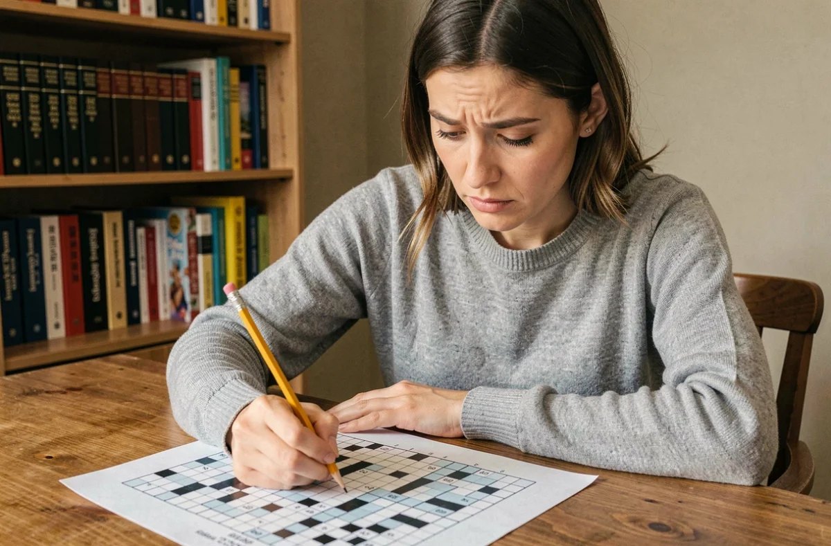 Femme concentrée résolvant un mot croisé de 9 lettres à son bureau avec un crayon