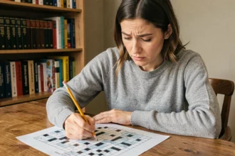 Femme concentrée résolvant un mot croisé de 9 lettres à son bureau avec un crayon