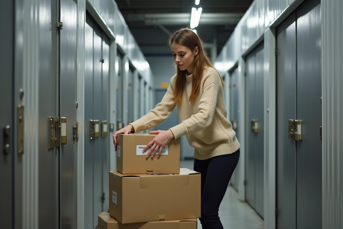 Femme rangeant des cartons dans un espace de stockage
