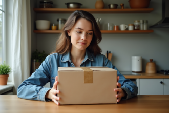 Femme déballant un colis dans la cuisine chaleureuse