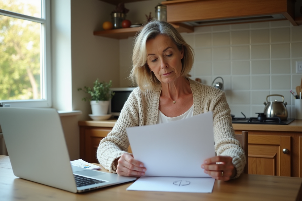 Femme d'âge moyen examinant des papiers dans une cuisine française