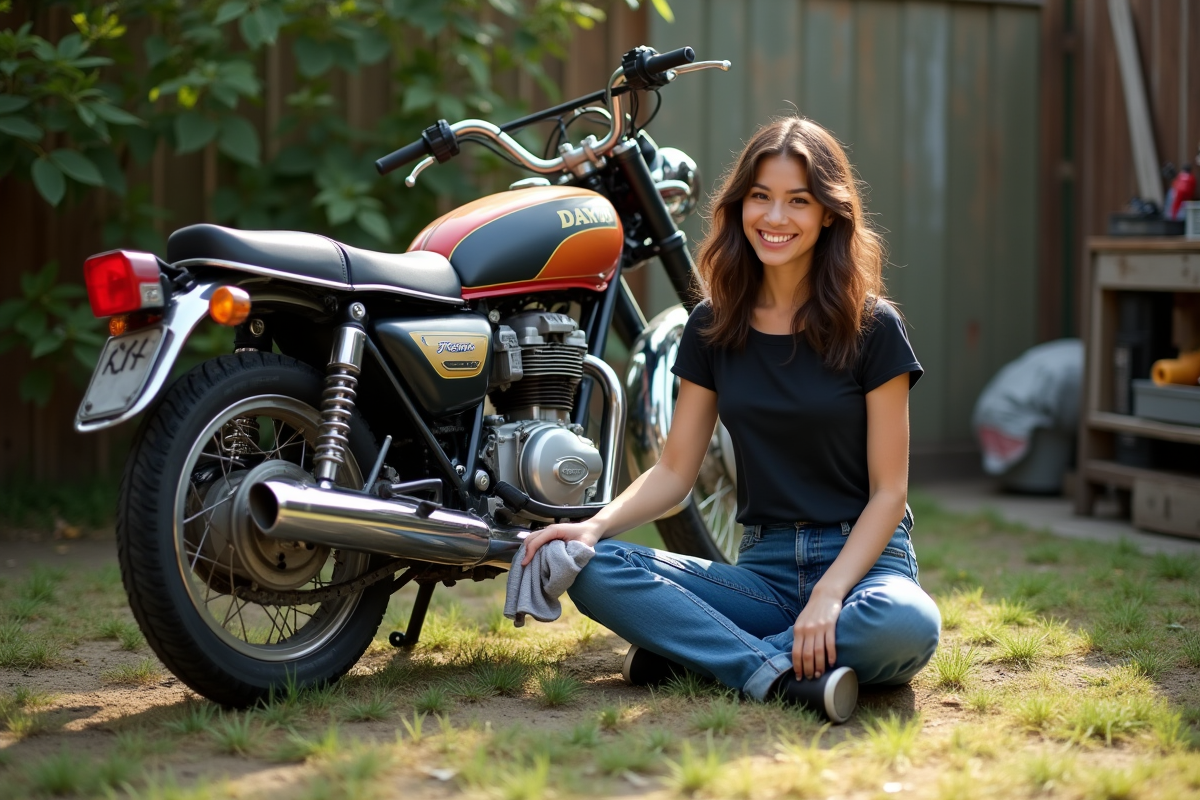 Jeune femme polissant une moto Honda Dax en extérieur