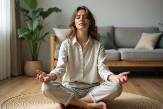 Femme détendue assise en intérieur dans un salon naturel