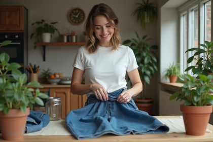 Femme pliant un jean en coton recyclé dans une cuisine chaleureuse