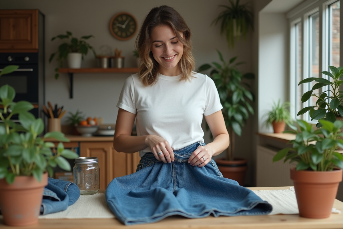 Femme pliant un jean en coton recyclé dans une cuisine chaleureuse
