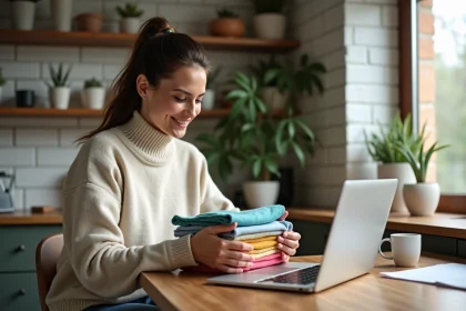 Jeune femme repassant des vêtements d'occasion dans une cuisine lumineuse