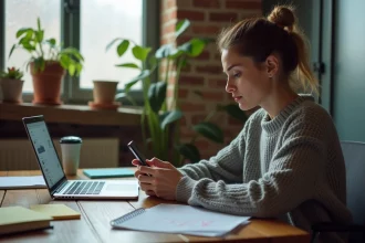 Femme sceptique lisant des témoignages sur les réseaux sociaux à propos de Gadrov sur son smartphone