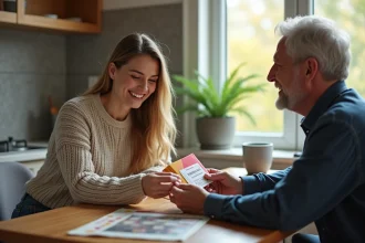 Femme souriante présentant un ticket concert à un homme dans la cuisine