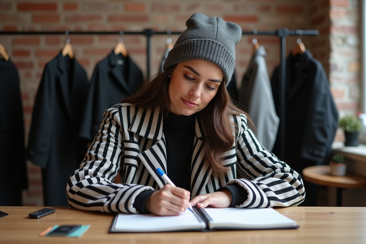Femme en streetwear dessinant dans un studio intérieur