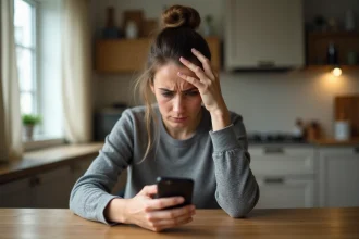 Femme stressée regardant son smartphone après avoir reçu des appels harcelants d'un numéro inconnu