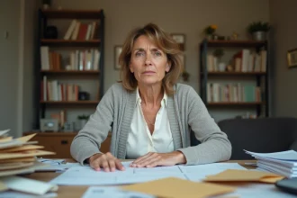 Femme stressée face à des courriers d'huissiers et documents juridiques sur son bureau à domicile