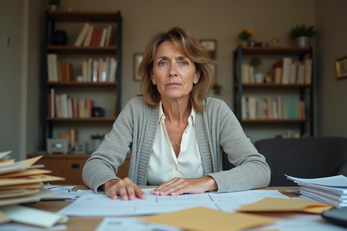 Femme stressée face à des courriers d'huissiers et documents juridiques sur son bureau à domicile