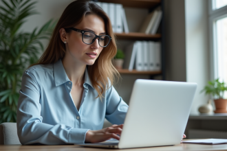Femme en bureau moderne compare deux pages traduites
