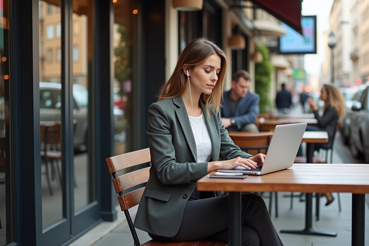 Jeune femme travaillant sur son ordinateur en terrasse de café
