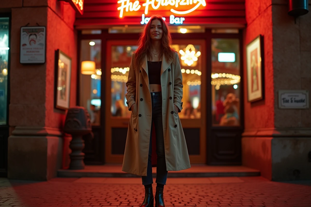 Femme élégante devant un bar jazz à Toulouse