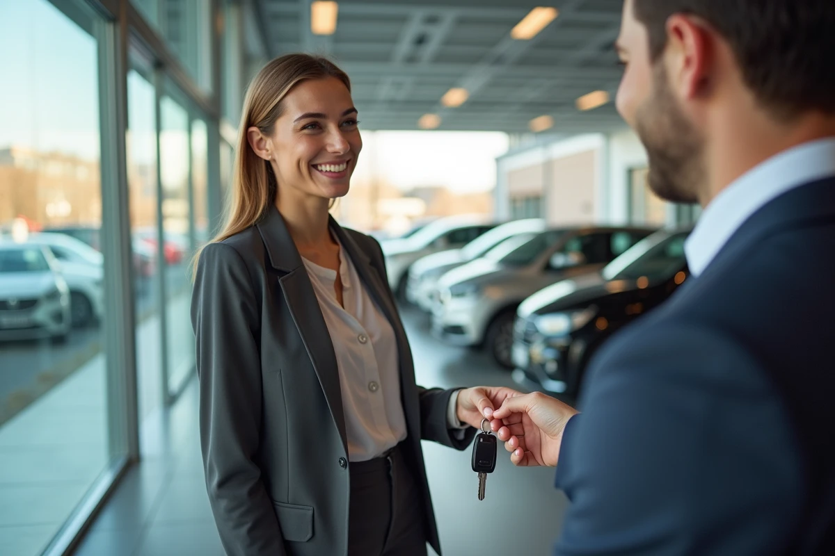Jeune femme souriante remettant les clés d