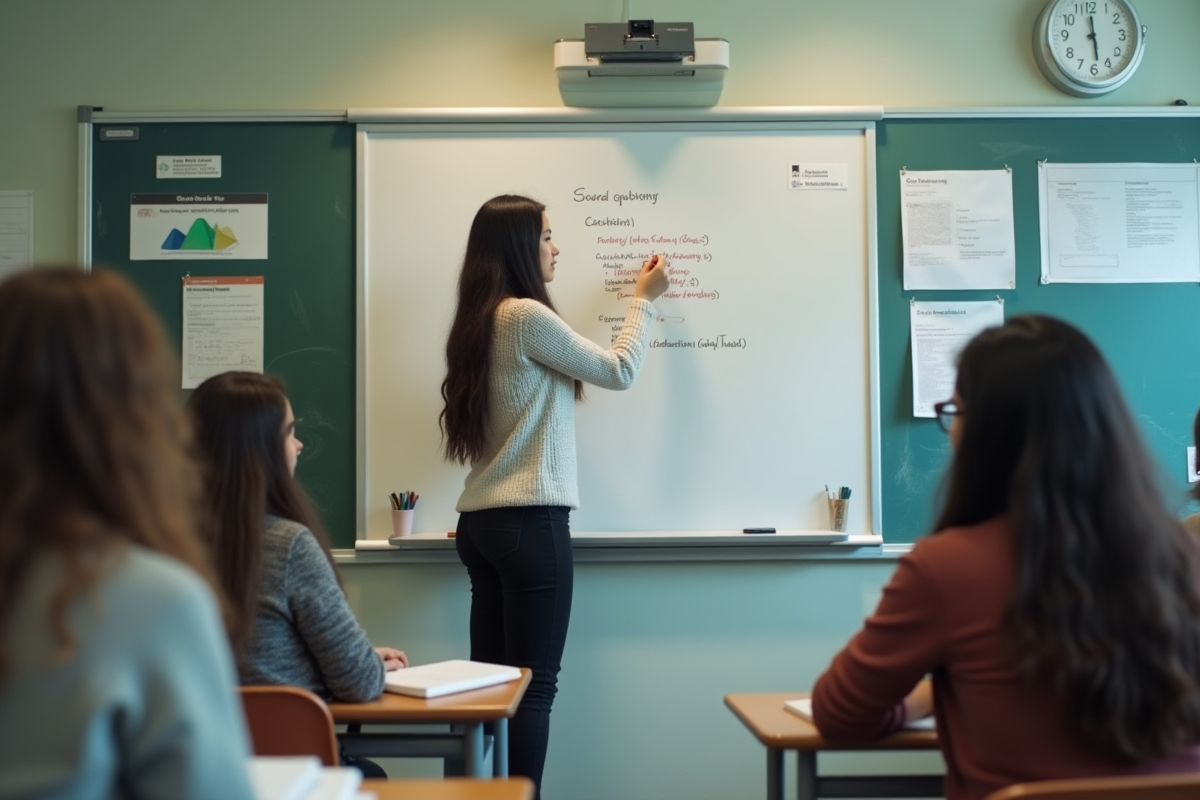 Jeune femme écrivant du code sur un tableau dans une salle de classe