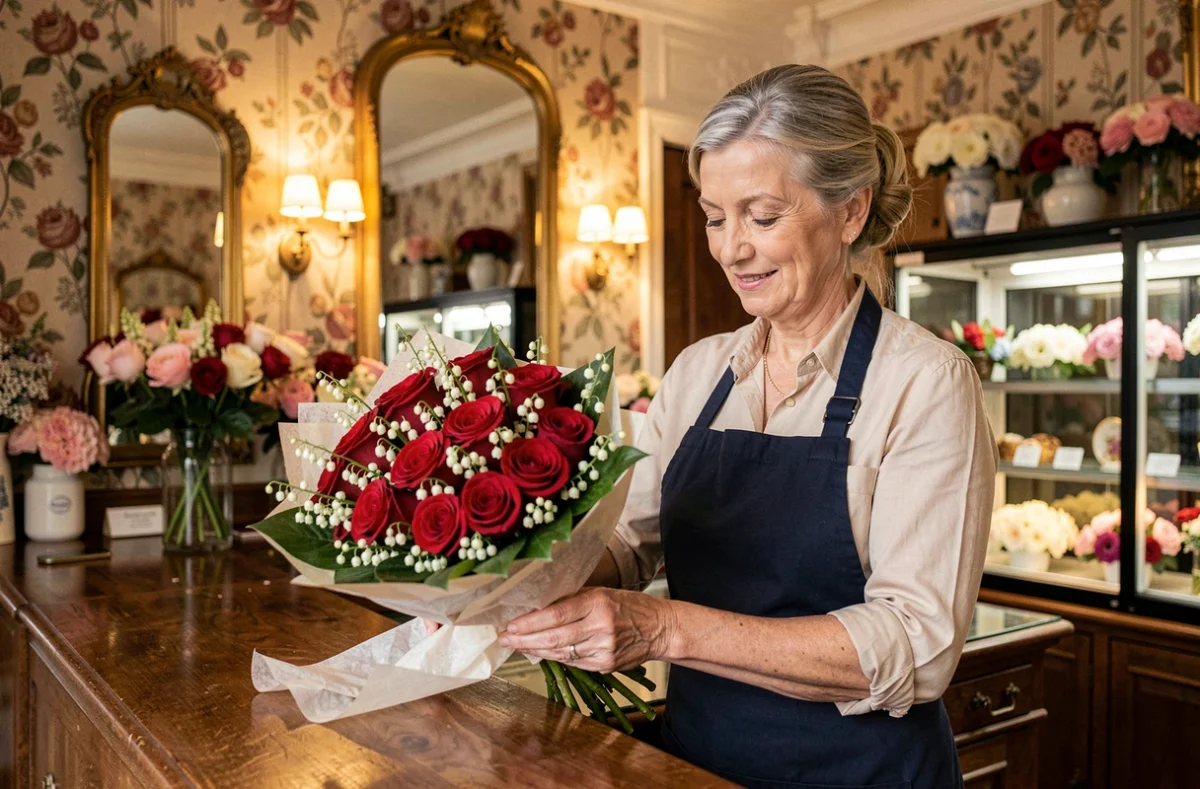 Fleuriste Isabelle Minini enveloppant un bouquet classique de roses rouges dans une boutique élégante à Dijon