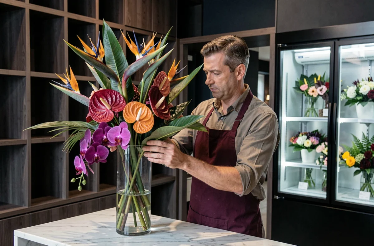 Fleuriste spécialisé Fleurs Perello composant un arrangement exotique d'orchidées et d'anthuriums dans sa boutique à Besançon