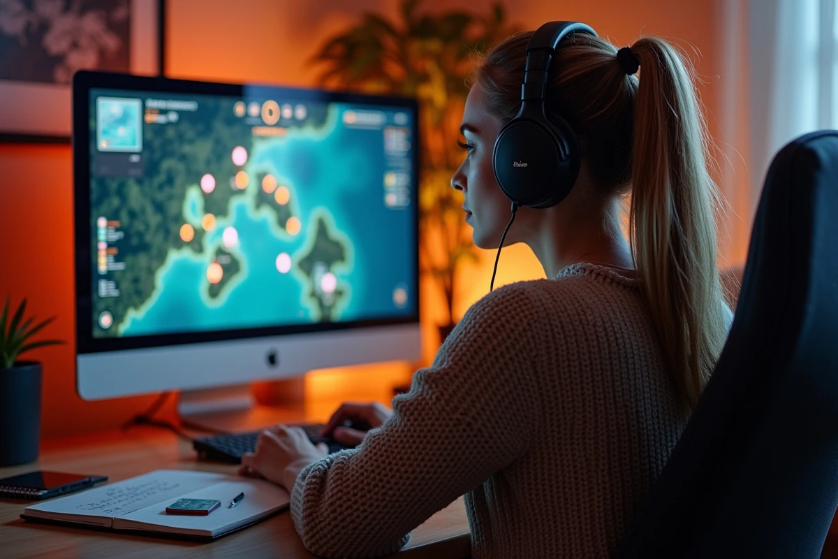 Femme joueuse devant écran de jeu dans salon cosy