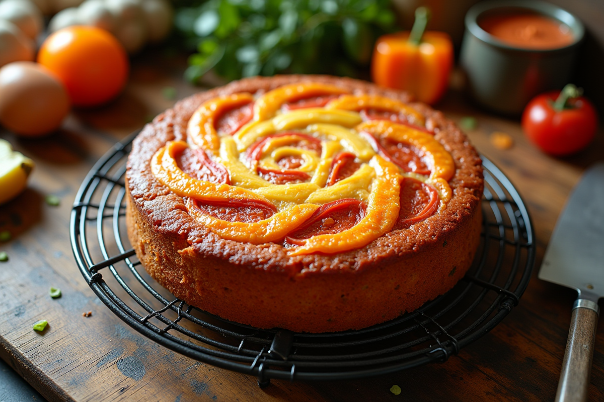 Gâteau de chorizo et chèvre entier refroidissant sur grille