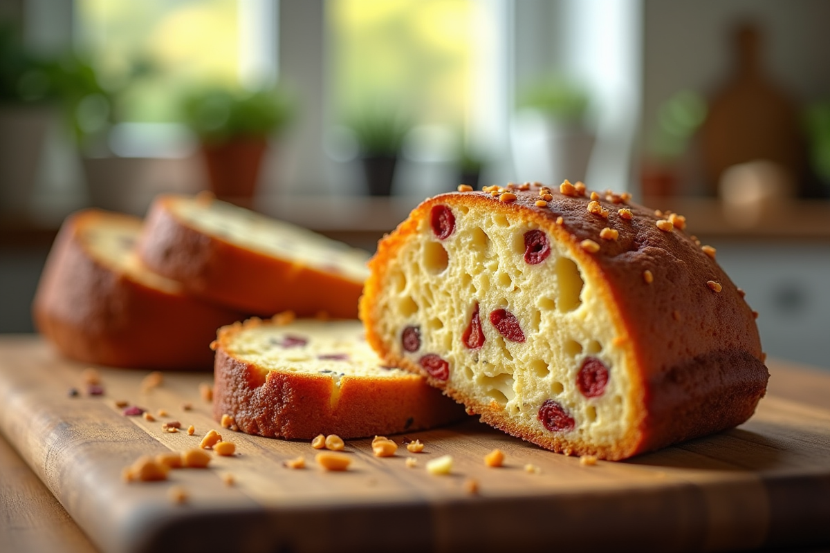 Gâteau de chorizo et chèvre tranché sur plan de travail rustique