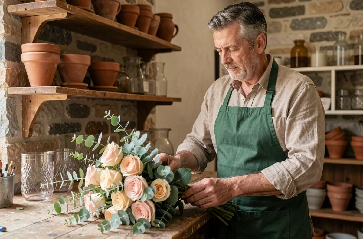 Fleuriste artisan Gilles Sonnet assemblant un bouquet de roses dans sa boutique à Fontaine-lès-Dijon