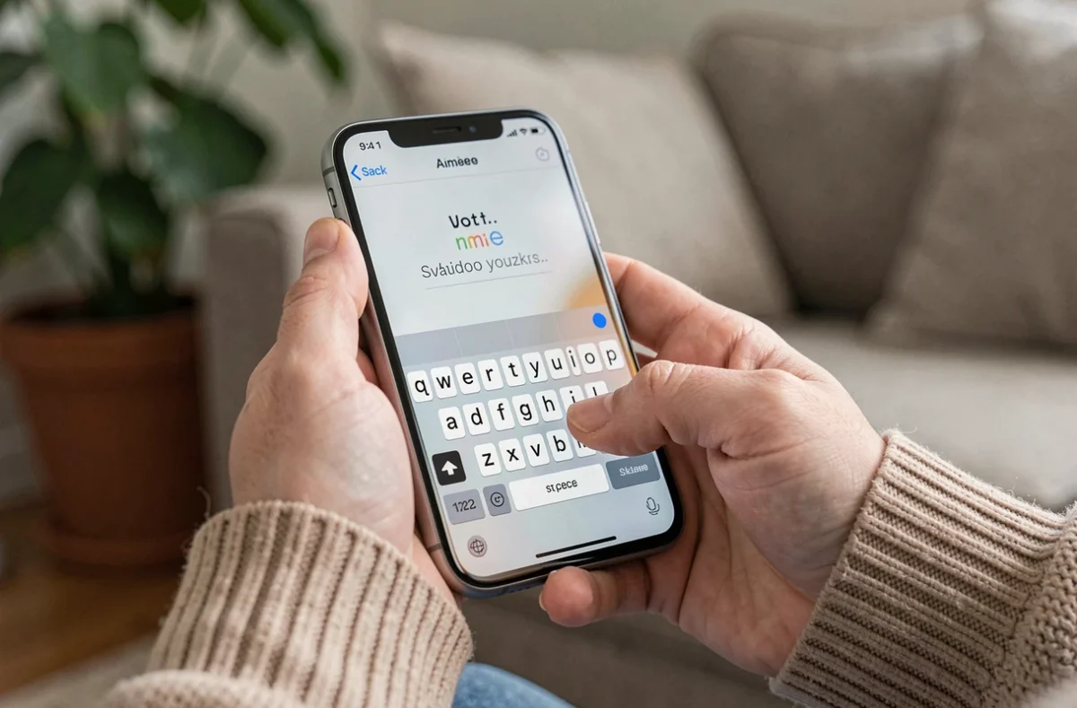 Gros plan de mains tenant un smartphone affichant la solution d'un mot de 9 lettres sur une application de jeu