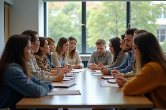 Groupe d'apprenants adultes en discussion interactive