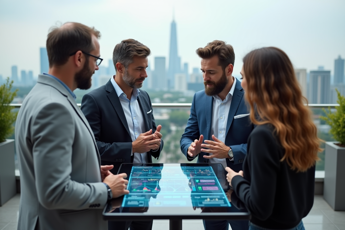 Groupe de quatre personnes discutant autour d un ecran blockchain