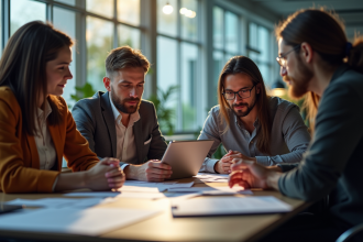 Groupe de personnes discutant autour d'une table moderne