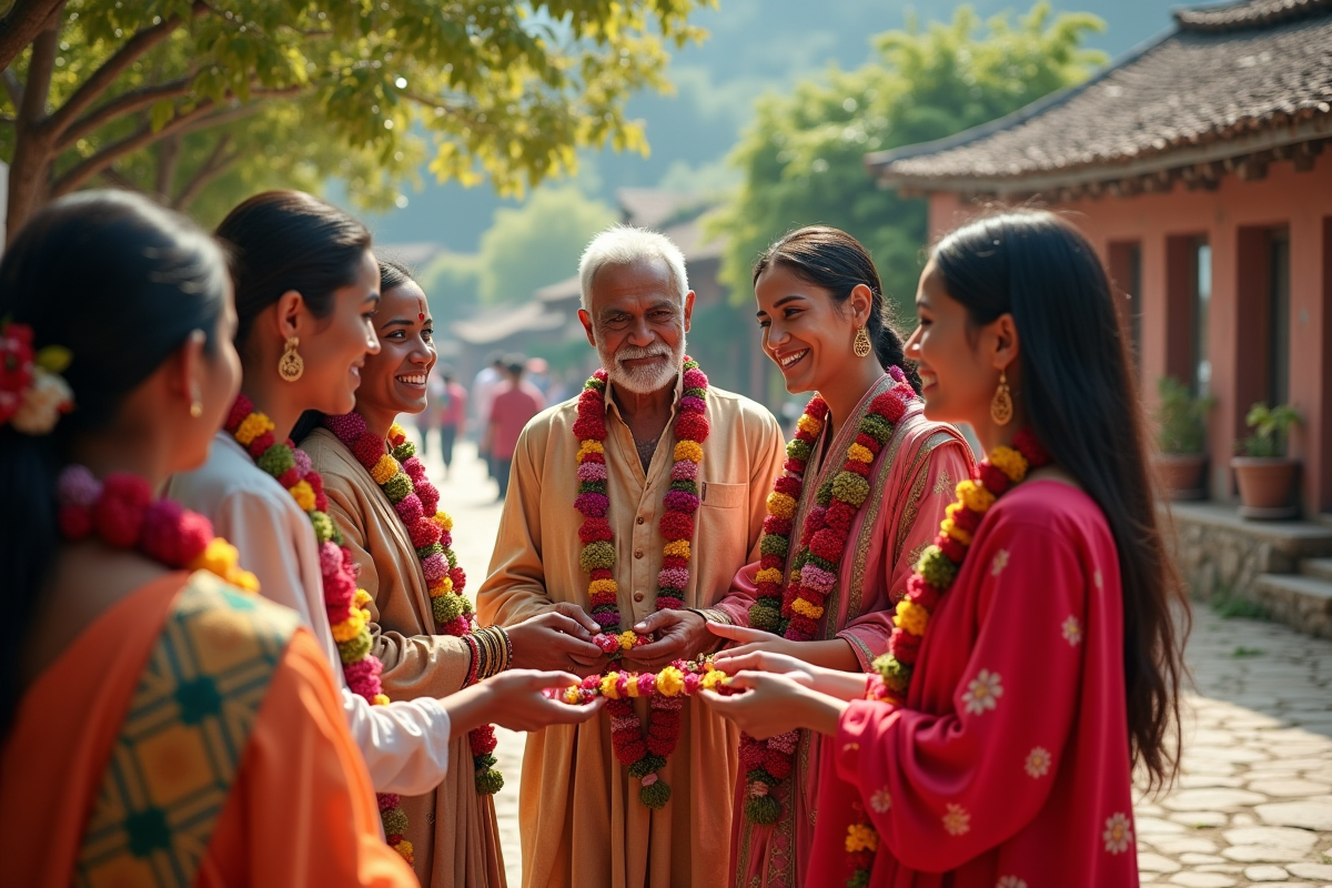 Groupe de jeunes adultes échangeant des guirlandes colorées en fête