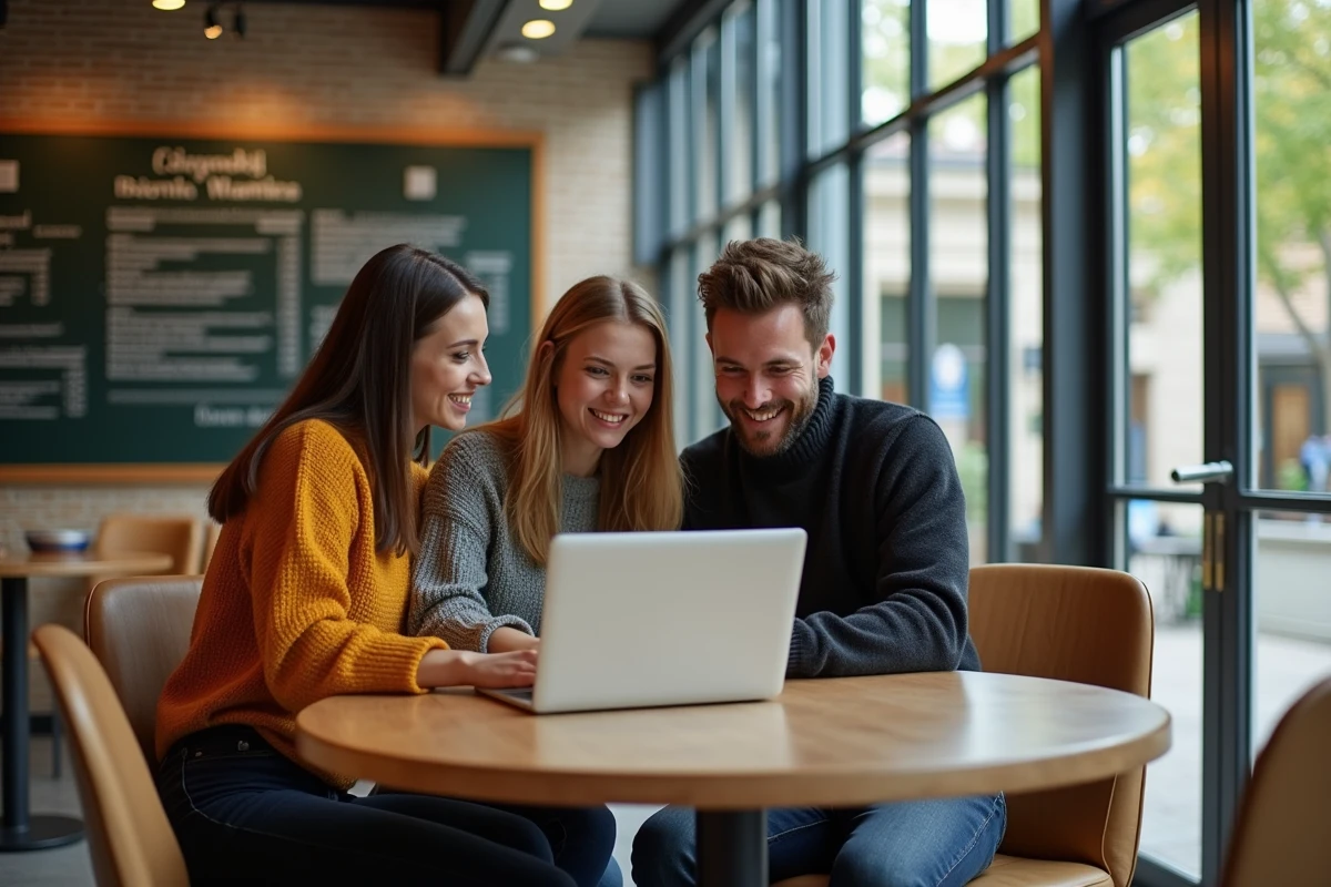 Groupe de trois jeunes adultes collaborant sur un CV autour d'un ordinateur portable dans un café universitaire