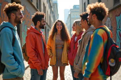 Groupe de jeunes en streetwear coloré dans la ville