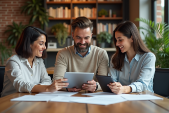 Trois personnes collaborant avec table et tablettes en coworking