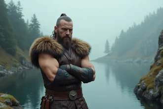 Guerrier viking nordique portant une tunique en cuir et des brassards métalliques, debout devant un fjord brumeux evoquant l'univers de la série Vikings