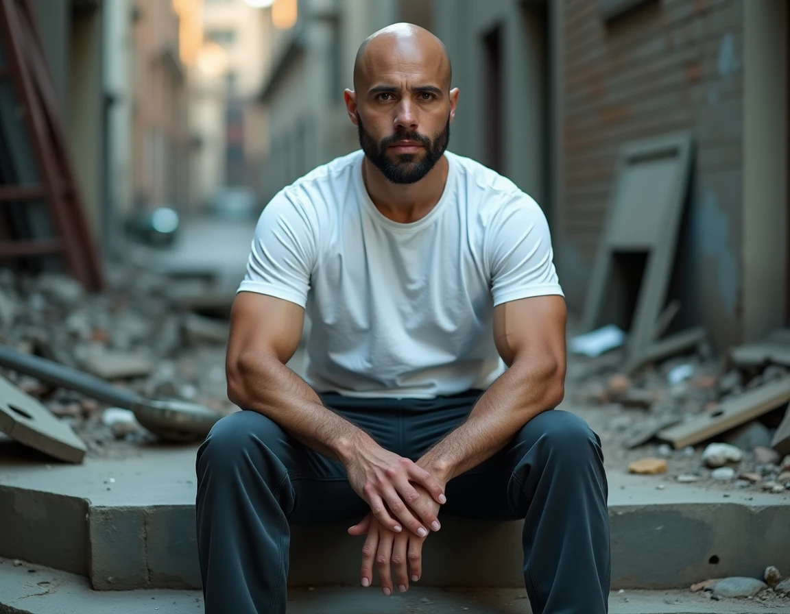 Personnage chauve au calme absolu assis sur des décombres urbains, portrait réaliste évoquant le héros stoïque de One Punch Man