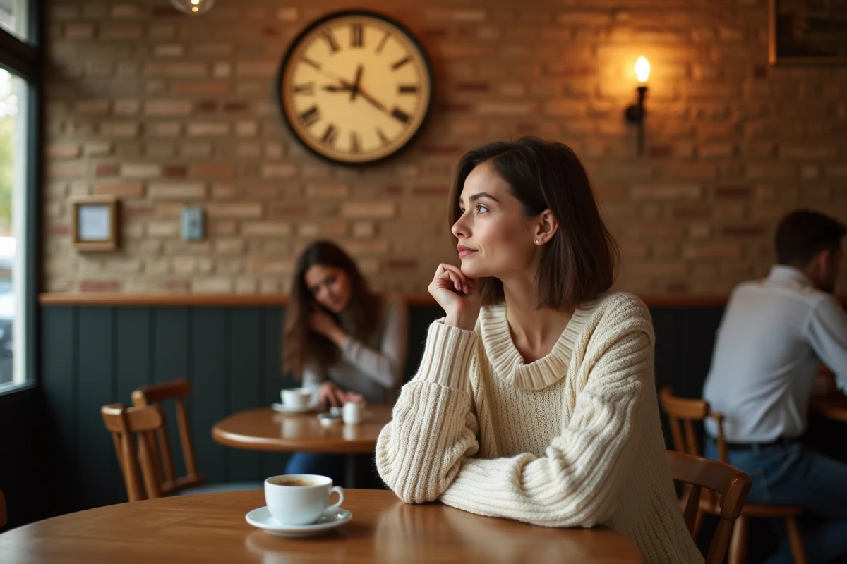 Femme contemplant une horloge affichant 20h20 dans un café parisien, évoquant la signification de l'heure miroir en amour