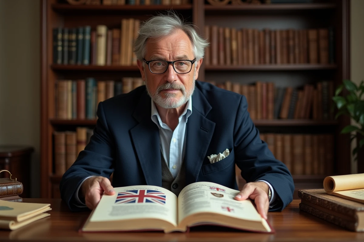 Historien tenant un livre illustré sur la composition héraldique du drapeau du Royaume-Uni