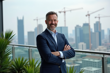 Homme d'affaires confiant sur un balcon urbain moderne