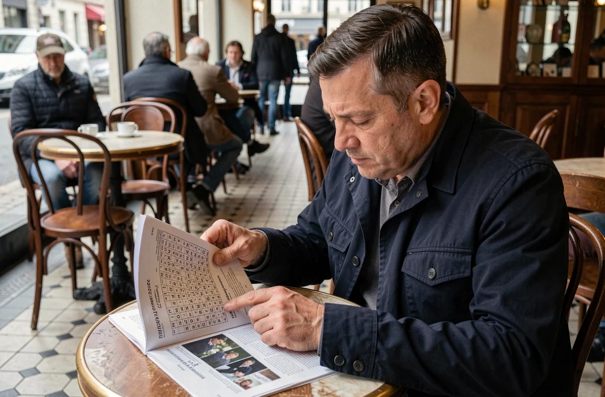 Homme dans un café parisien consultant un magazine de mots croisés ouvert sur une grille 9 lettres