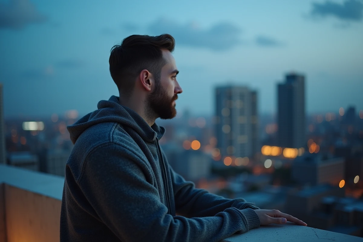 Homme contemplatif sur un toit urbain au crépuscule, évoquant l'ouverture d'un portail énergétique et la signification du 1441