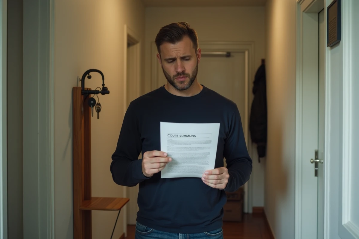 Homme lisant une convocation d'huissier dans le couloir de son appartement avec une expression inquiète