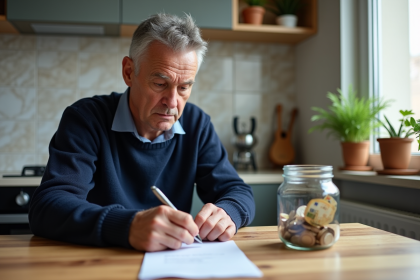 Homme d'âge moyen réfléchissant à ses finances à la cuisine