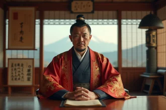Homme japonais en costume cérémoniel traditionnel dans un bureau ancien