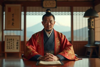 Homme japonais en costume cérémoniel traditionnel dans un bureau ancien