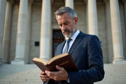 Homme d'âge moyen en costume lisant la constitution